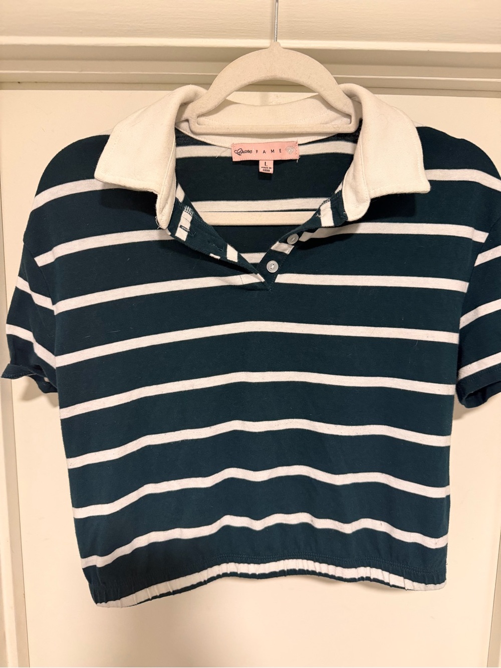 Green & White Striped Polo Crop Top